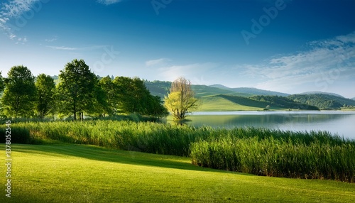 verdant meadows and trees bordering a peaceful lake greenery lake forest