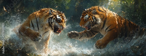 Two adult tiger fight at forest. Wildlife animal. Generative AI technology.	
