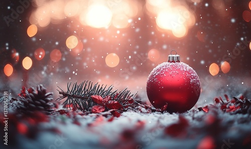hristmas background with red baubles, pine cones and bokeh. Beautiful christmas card, Generative AI