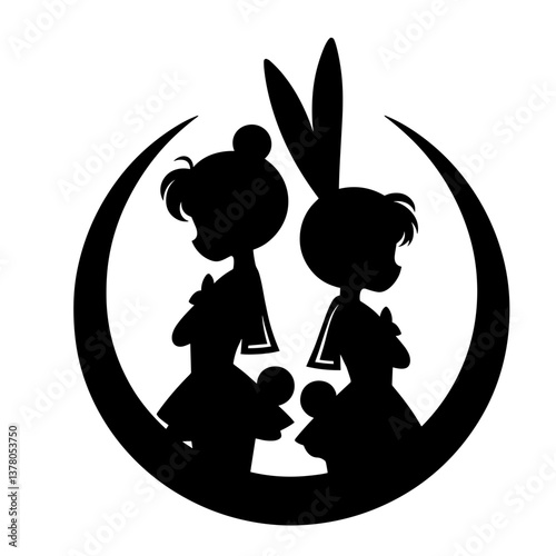 Anime twin girls in moon silhouette style