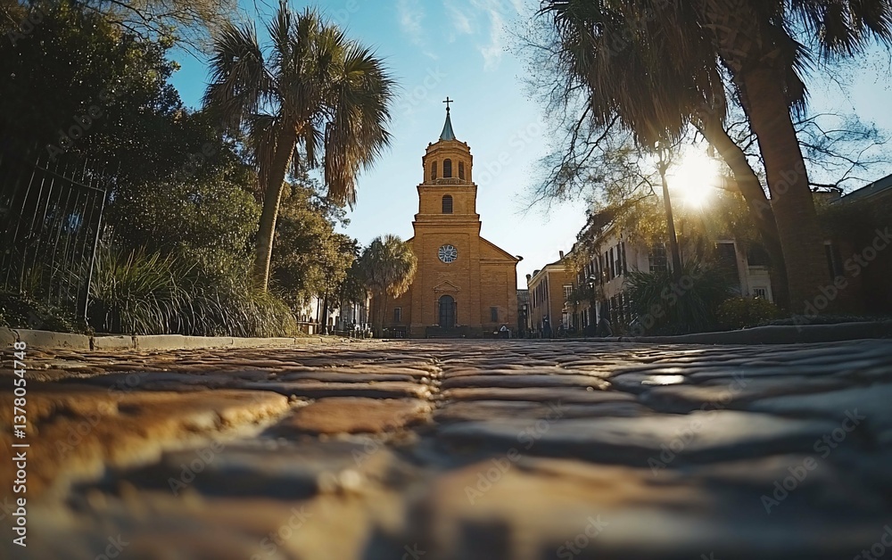 Naklejka premium Cobblestone Street Historic Church Charleston