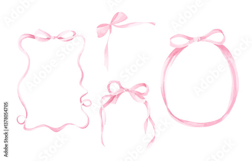 Watercolor bow frame collection featuring coquette style ribbons in blush tones, ideal for cute card designs, decorative borders, and digital crafts.