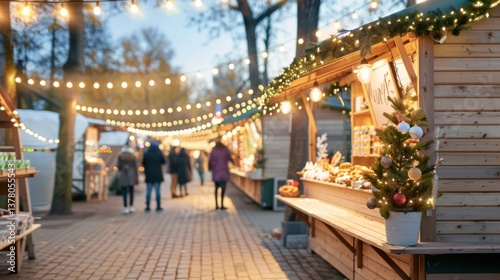Festive holiday market at night city park gigapixel standard warm atmosphere vibrant lights joyful experience