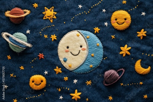 Whimsical Cosmic Embroidery on Denim Happy Planets and Stars