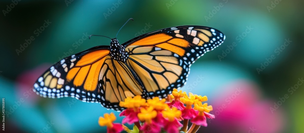 Fototapeta premium A beautiful butterfly is resting on colorful vibrant flower petals