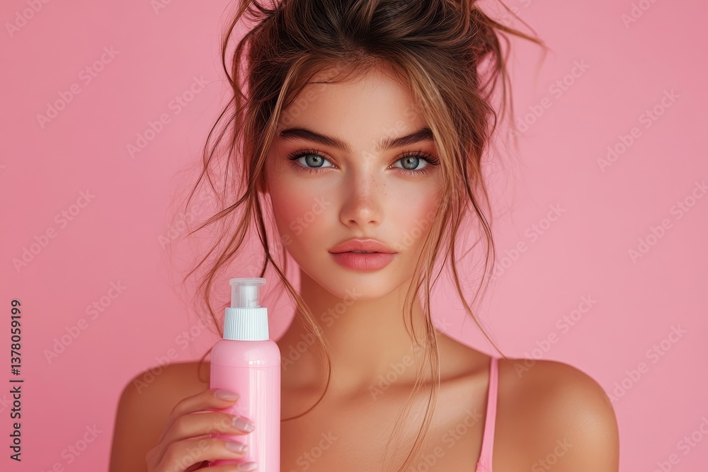 Beautiful European woman with stylish hairstyle holding hair spray bottle, posing on pink studio background and looking at camera, Generative AI Beautiful European woman with stylish hairstyle holding hair spray bottle, posing on pink studio background and looking at camera, Generative AI