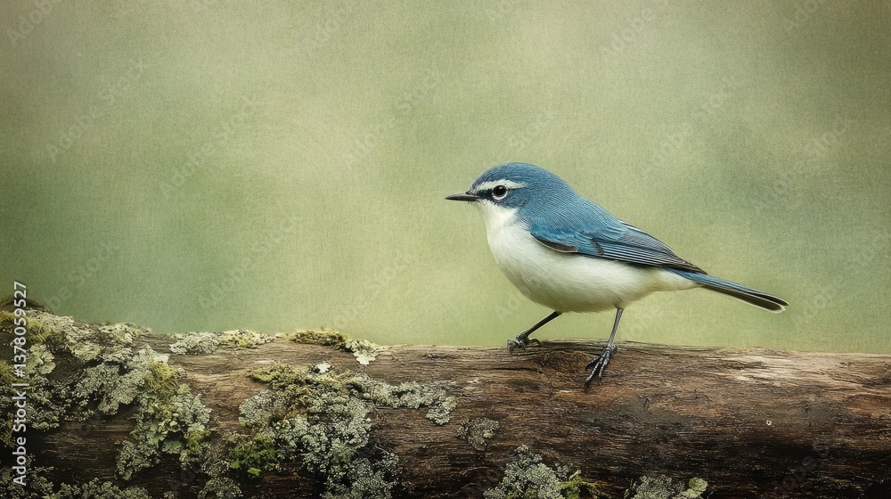 Fototapeta premium Cerulean Warbler Perched on Textured Tree Branch with Blue Feathers in Green Mossy Environment