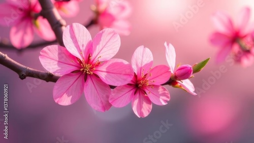 Close-up of blooming pink cherry blossoms on branch with soft background.