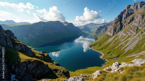 Folgefonna National Park in Norway at midday, with sunny skies, shot from above to reveal the lush, expansive scenery.