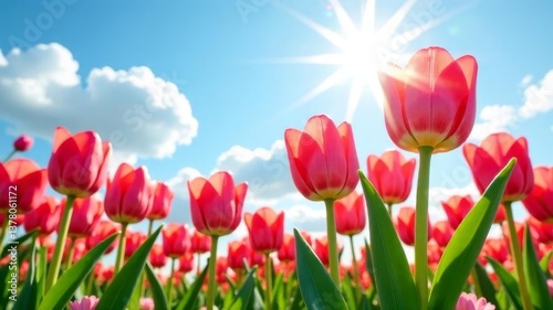 Blooming pink tulips under bright sun in spring garden with clear blue sky.