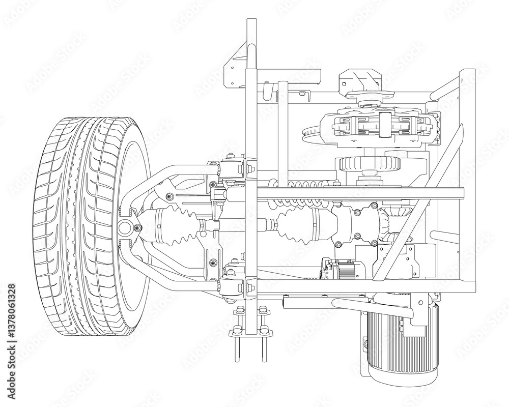Obraz premium A drawing of a car engine with a tire in the front. The drawing is in black and white
