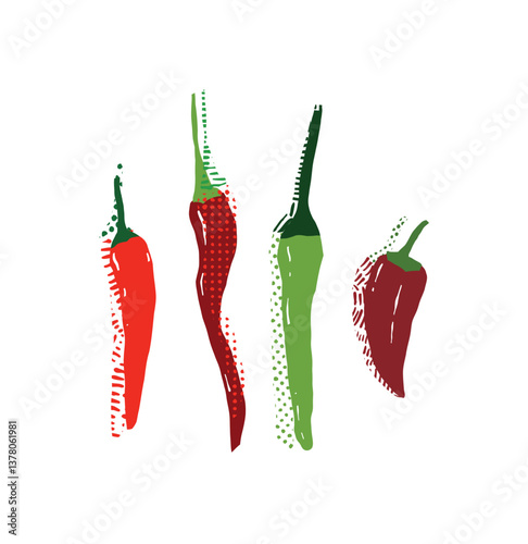 Textured Hand-Drawn Chili Peppers Artistic Food Illustration in Red and Green