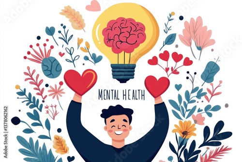 A vibrant illustration promoting mental health, featuring a person holding hearts and a light bulb surrounded by colorful flowers.