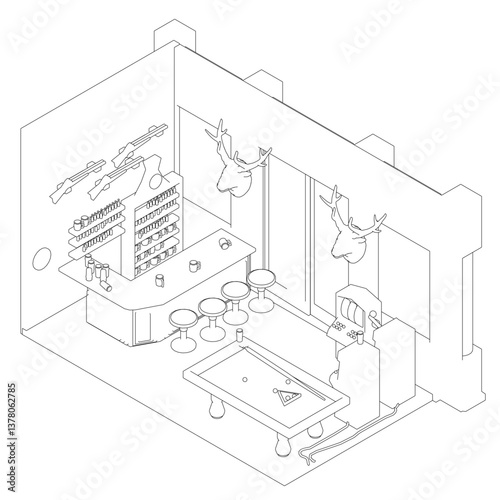 A drawing of a bar with a pool table and a wall of deer antlers. Scene is casual and relaxed, with the pool table and bar area inviting people to come and socialize. Isometric view. 3D