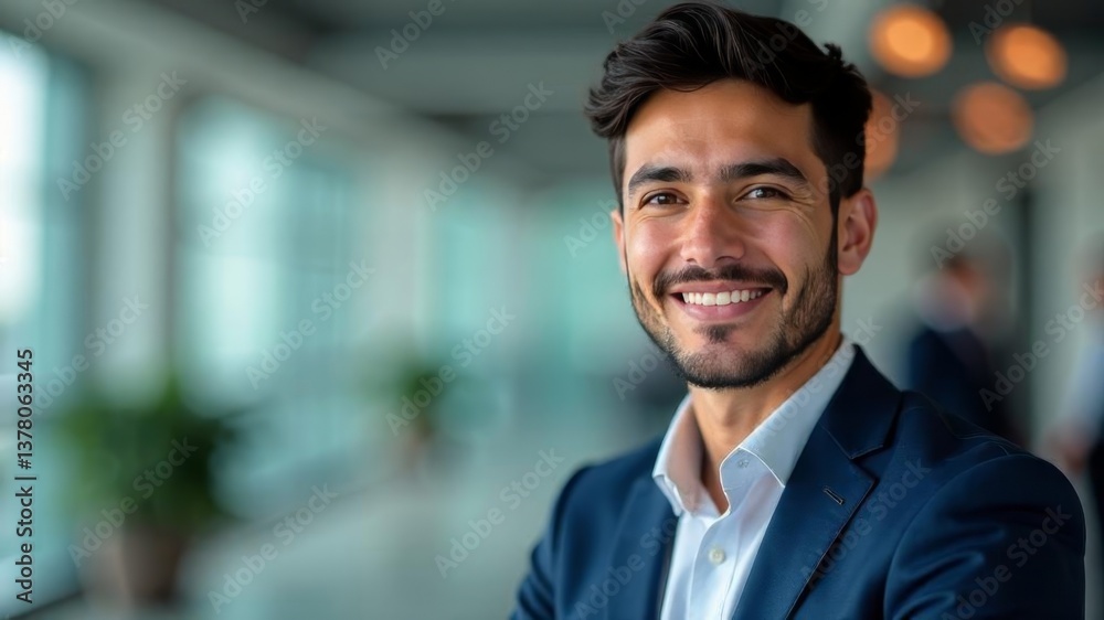 Confident businessman smiling in office hallway wearing a suit jacket and white shirt.