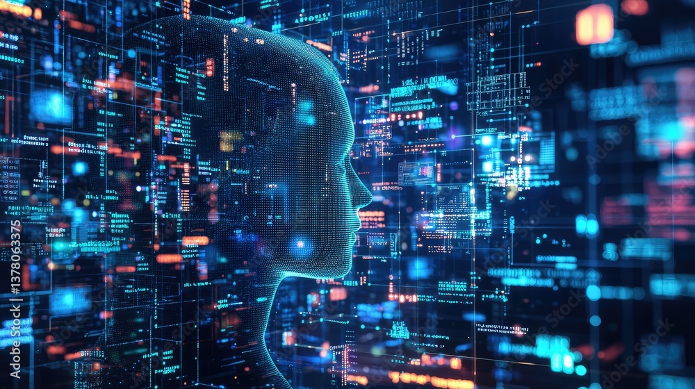 Naklejka premium A representation of an AI system interpreting large amounts of unstructured data like text, images, and video.