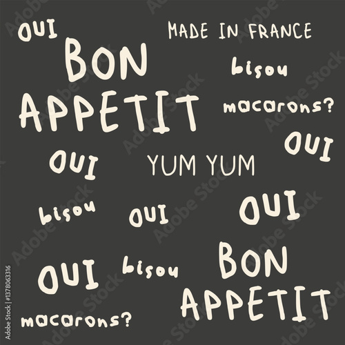 French phrases background. French language. Bon appetite, bisou bisou, Oui, made in France. Vector inscription for prints, cards, posters, textile