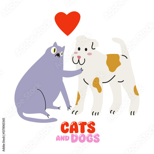 Cute pets cartoon characters. Friendship between a cat and a dog. Domestic animals flat vector illustration for banner, poster, sticker, grooming salon advertising