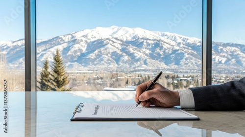 Signing a document with a mountain view