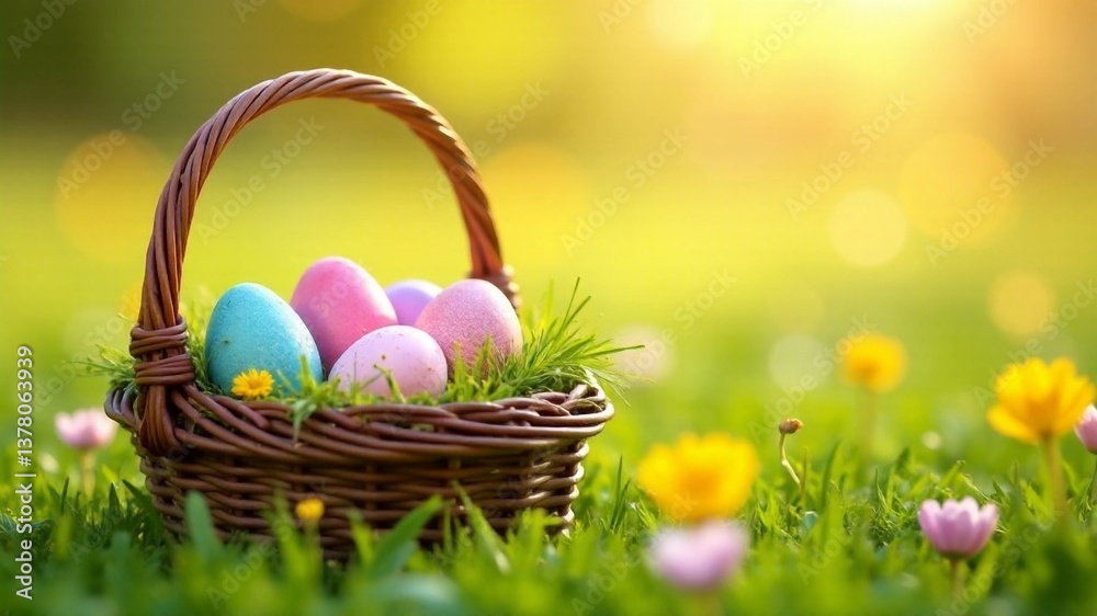 Fototapeta premium Basket with color Easter eggs on a grass in a sunny day. Copy space