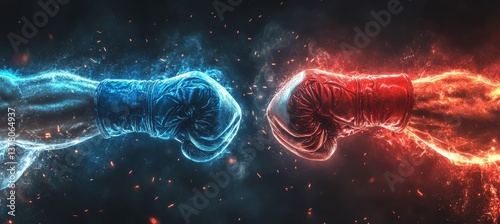 Blue boxer versus red boxer with aura energy. Politician party competition. Symbolizes the presidential election democracy choice. Generative AI technology.	

