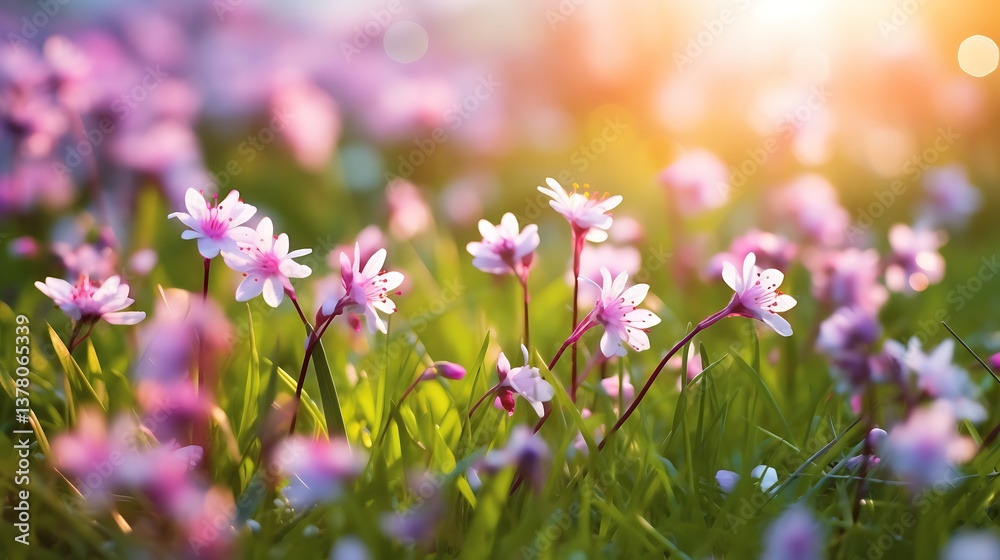 Obraz premium Delicate Pink Flowers Blooming In Sunny Field