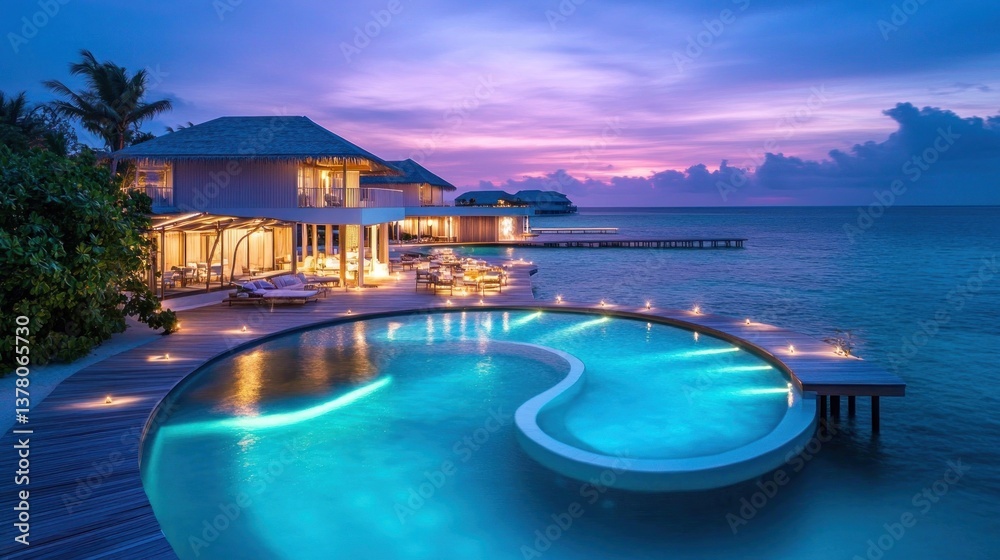 Fototapeta premium Luxury Overwater Bungalow Resort at Sunset