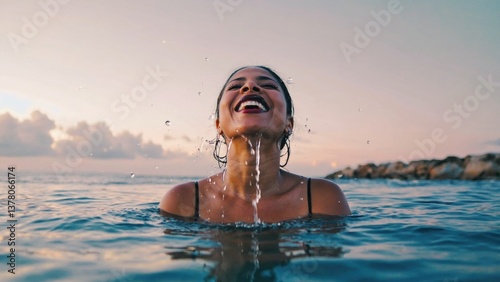 A person is submerged in water with their mouth open