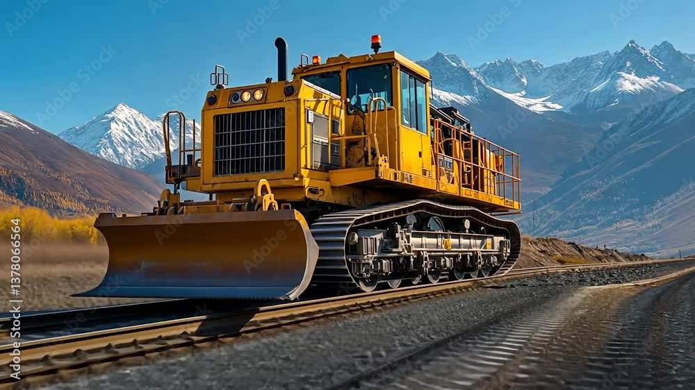 Yellow rail-mounted snowplow/dozer operating on tracks in a mountain landscape Yellow rail-mounted snowplow/dozer operating on tracks in a mountain landscape