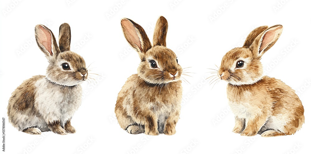 Fototapeta premium Three Brown Rabbits Sitting Isolated on White Background Animal Illustration