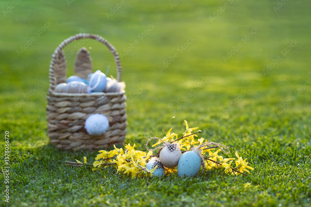 Fototapeta premium Easter eggs in basket in grass. Traditional egg hunt for spring holidays