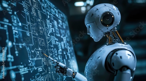 A robot writing complex polynomials on a futuristic board.