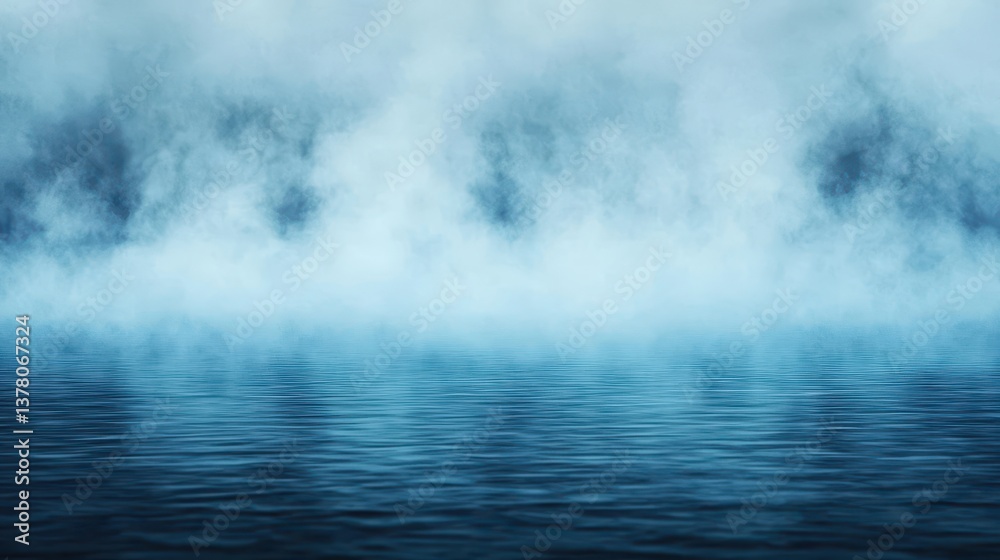 Naklejka premium Serene blue water with misty fog in the background.