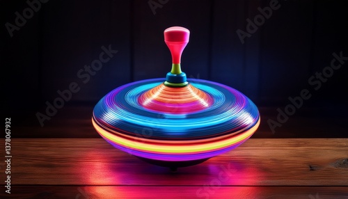 colorful spinning top with neon lights on dark wooden surface