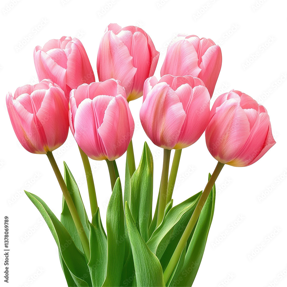 Fototapeta premium Beautiful pink tulips with lush green leaves arranged in a vibrant display for decoration, Pink tulips with green leaves Isolated