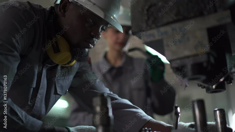 Engineers have a conversation and discussion together inside a metal works facility.