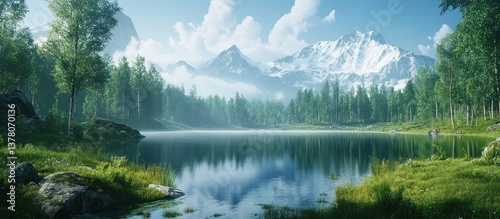 Mountain Lake Scenery, Tranquil Nature photo