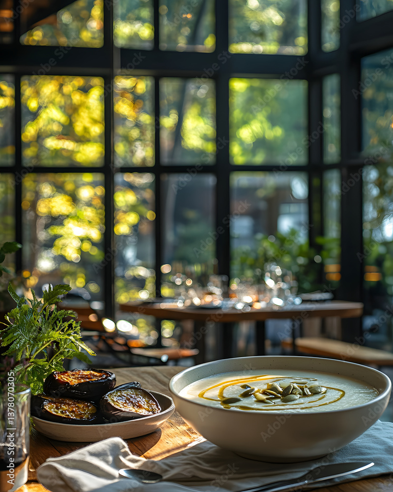 Enjoy a comforting bowl of pumpkin soup, evoking warmth and nostalgia in a serene dining atmosphere.