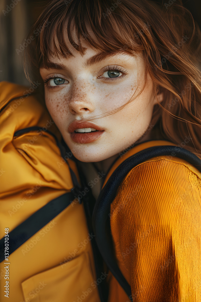 A captivating close-up of a young woman exuding warmth and confidence, complemented by her vibrant backpack.