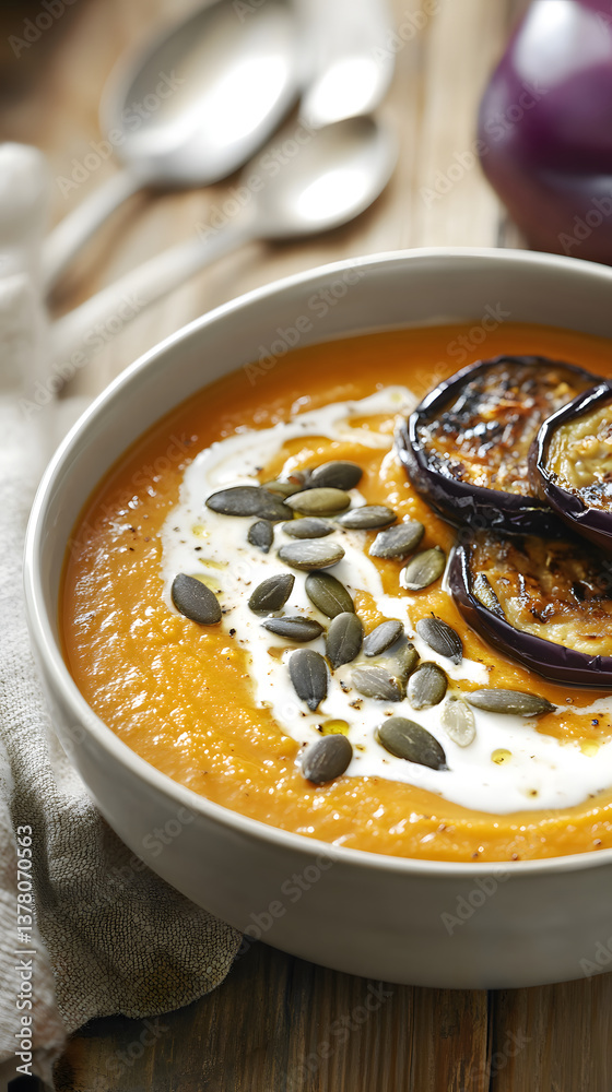 Indulge in a cozy bowl of creamy pumpkin soup, garnished with roasted eggplant and seeds, evoking warmth and comfort.