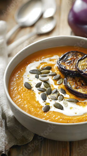 Obraz na płótnie Indulge in a cozy bowl of creamy pumpkin soup, garnished with roasted eggplant and seeds, evoking warmth and comfort. w salonie