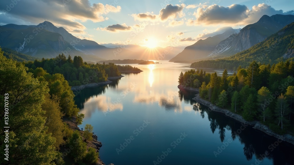 Obraz premium Aerial view of Mjøsa lake's natural shores in Norway, sunny dawn.