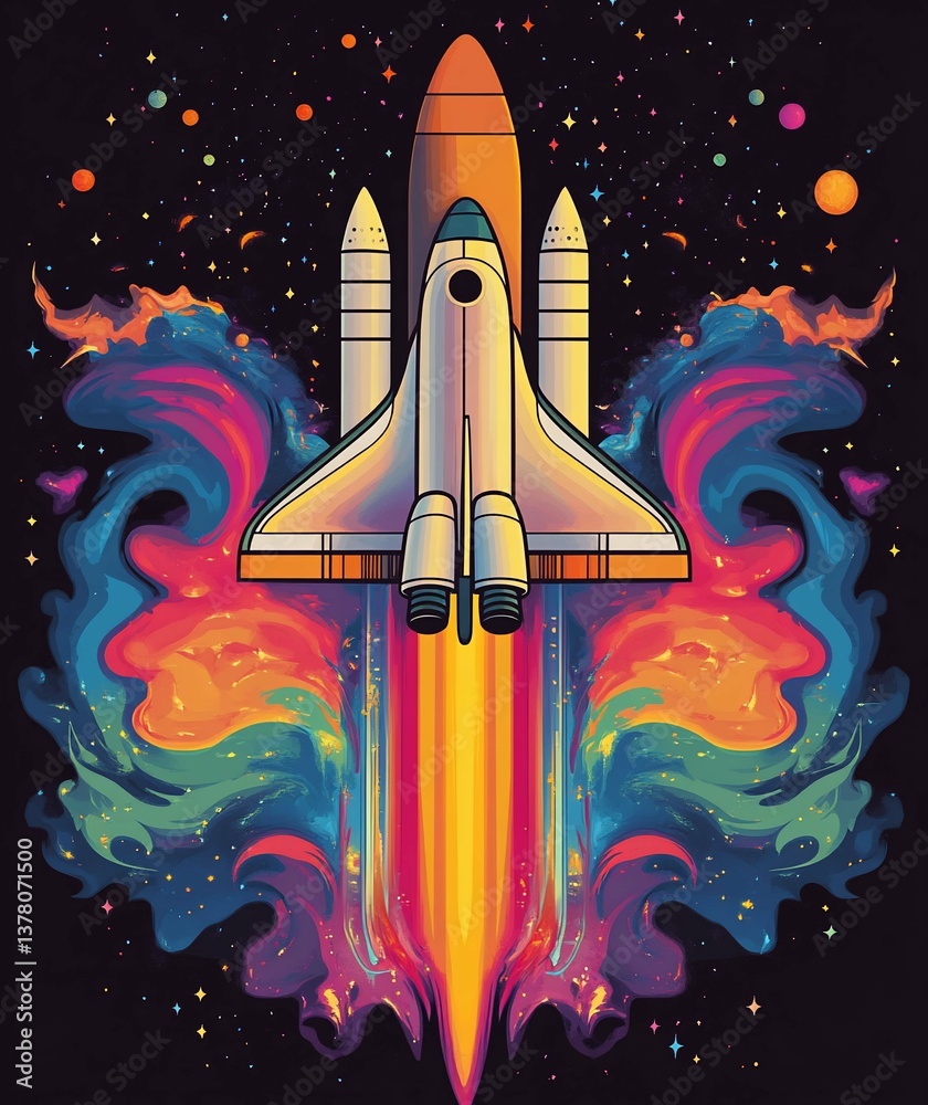 Naklejka premium Cosmic Rocket Launch Vibrant Nebula Flight