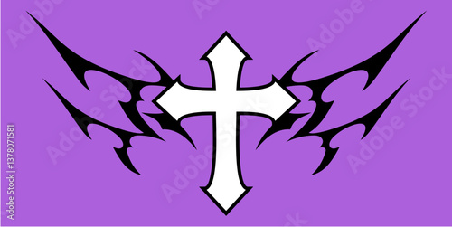 Christ cross with Neo tribal y2k gothic style tattoo Cyber sigilism spikes and sparks for streetwear print designs, spiky y2k aesthetic vector