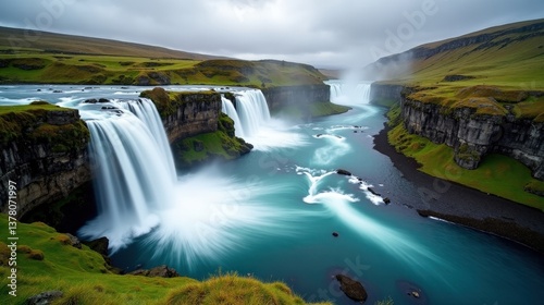 Vøringfossen waterfall in Norway at mid-day with cloudy conditions, photographed from an aerial perspective.