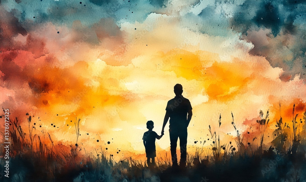 fathers day painting silhouette with dad and son on watercolor background.father and child in the sunset watercolor card design.generative ai, Generative AI fathers day painting silhouette with dad and son on watercolor background.father and child in the sunset watercolor card design.generative ai, Generative AI