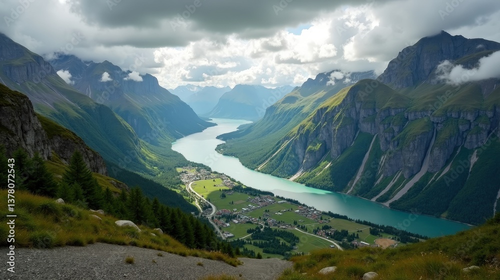 Obraz premium Romsdalen Valley's dramatic scenery seen from above on a cloudy midday, offering a broad, expansive view.