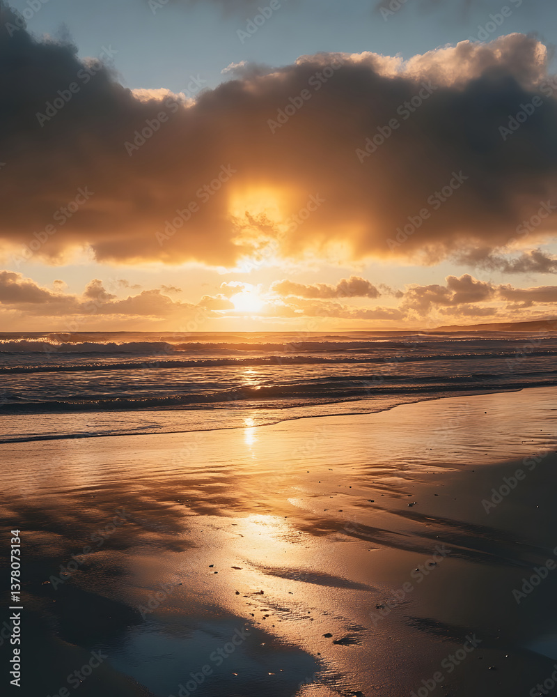 Experience the calm as golden sunlight dances upon the gentle waves, evoking peace.