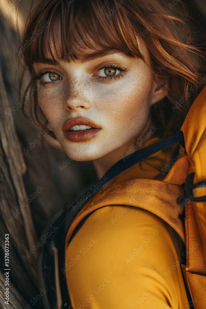 A captivating portrait radiating warmth and adventure, showcasing a natural beauty against a rustic backdrop.