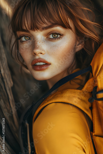 Obraz na płótnie A captivating portrait radiating warmth and adventure, showcasing a natural beauty against a rustic backdrop. w salonie